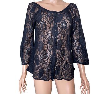 LUCKY BRAND top blouse 3/4 Sleeve Front Button Sheer Nylon Lace Black SZ SM